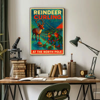 Reindeer Curling at the North Pole Poster