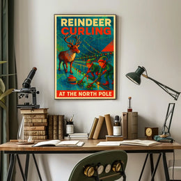 Reindeer Curling at the North Pole Poster