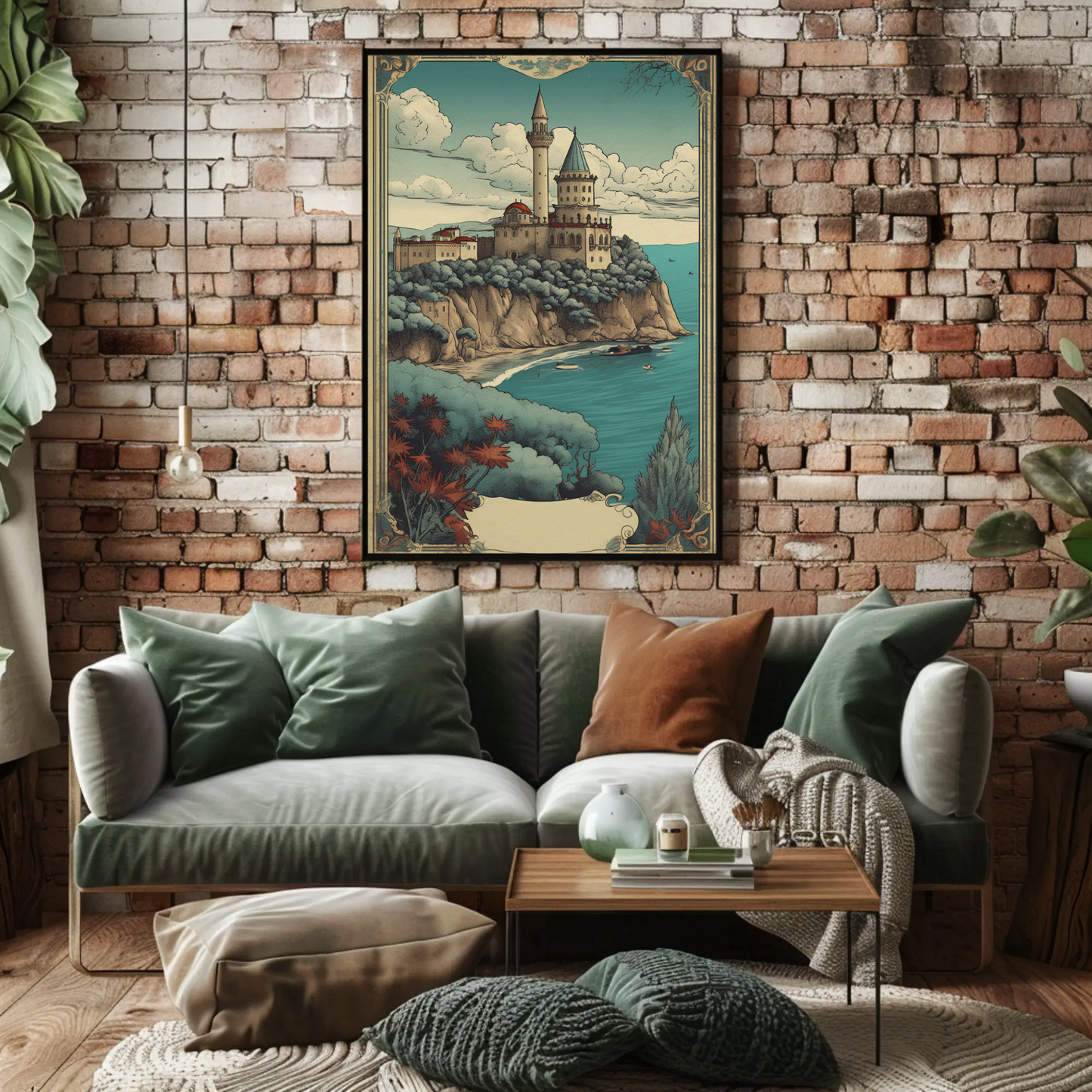 Cliffside Seaside Fortress Vintage Travel Poster