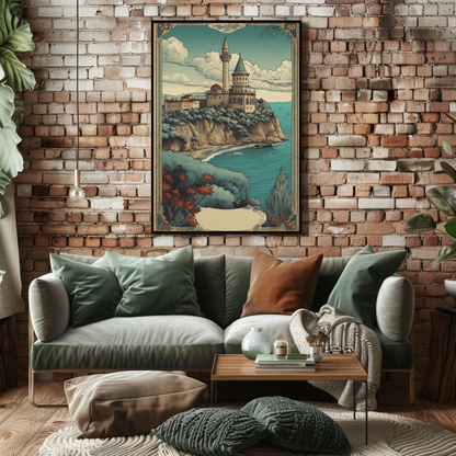 Cliffside Seaside Fortress Vintage Travel Poster