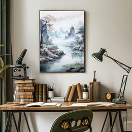 Serene Mountain Vista: Traditional East Asian Artistic Poster