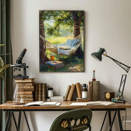 Relaxing Outdoor Hammock Between Trees With Books Poster