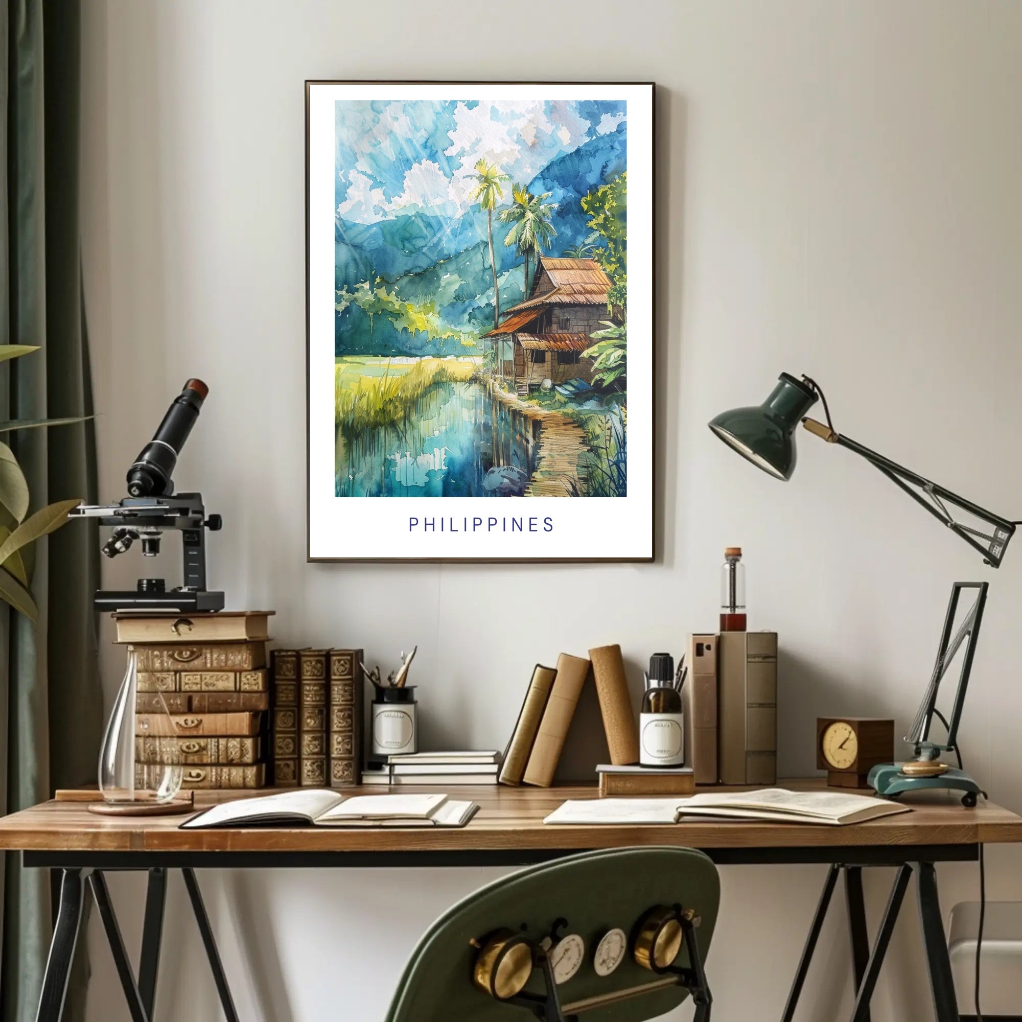 Serene Philippine Scene Watercolor Artistic Poster PosterGoat
