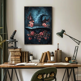 Mystical Skull and Roses Witch Hat Artistic Poster