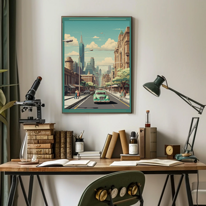 Modern Metropolis City Street Vintage Style Travel Poster