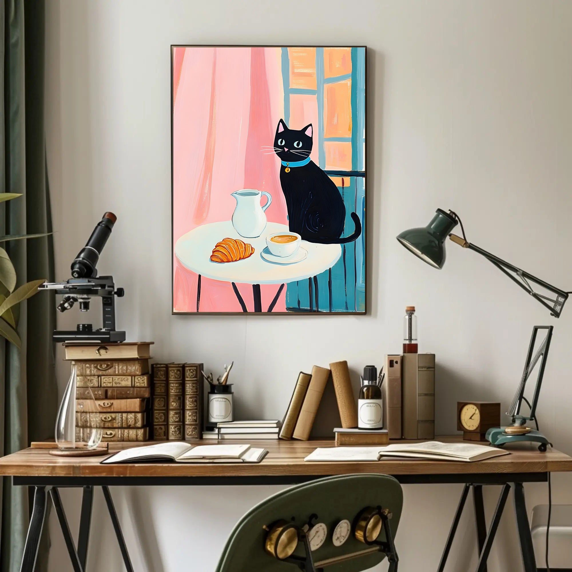 Morning Cat Cafe Poster Vintage Travel Wall Art Print