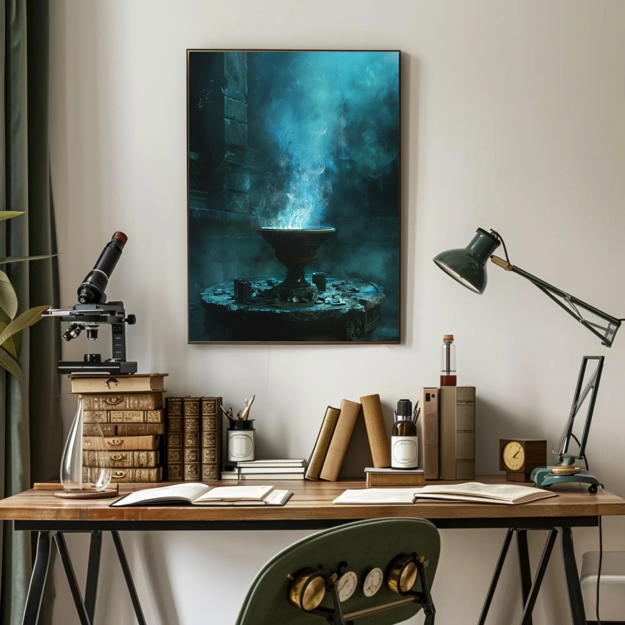 Mystical Ancient Temple with Enchanting Blue Flames PosterGoat