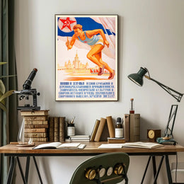 Soviet Propaganda Style Poster Celebrating Athletic Spirit
