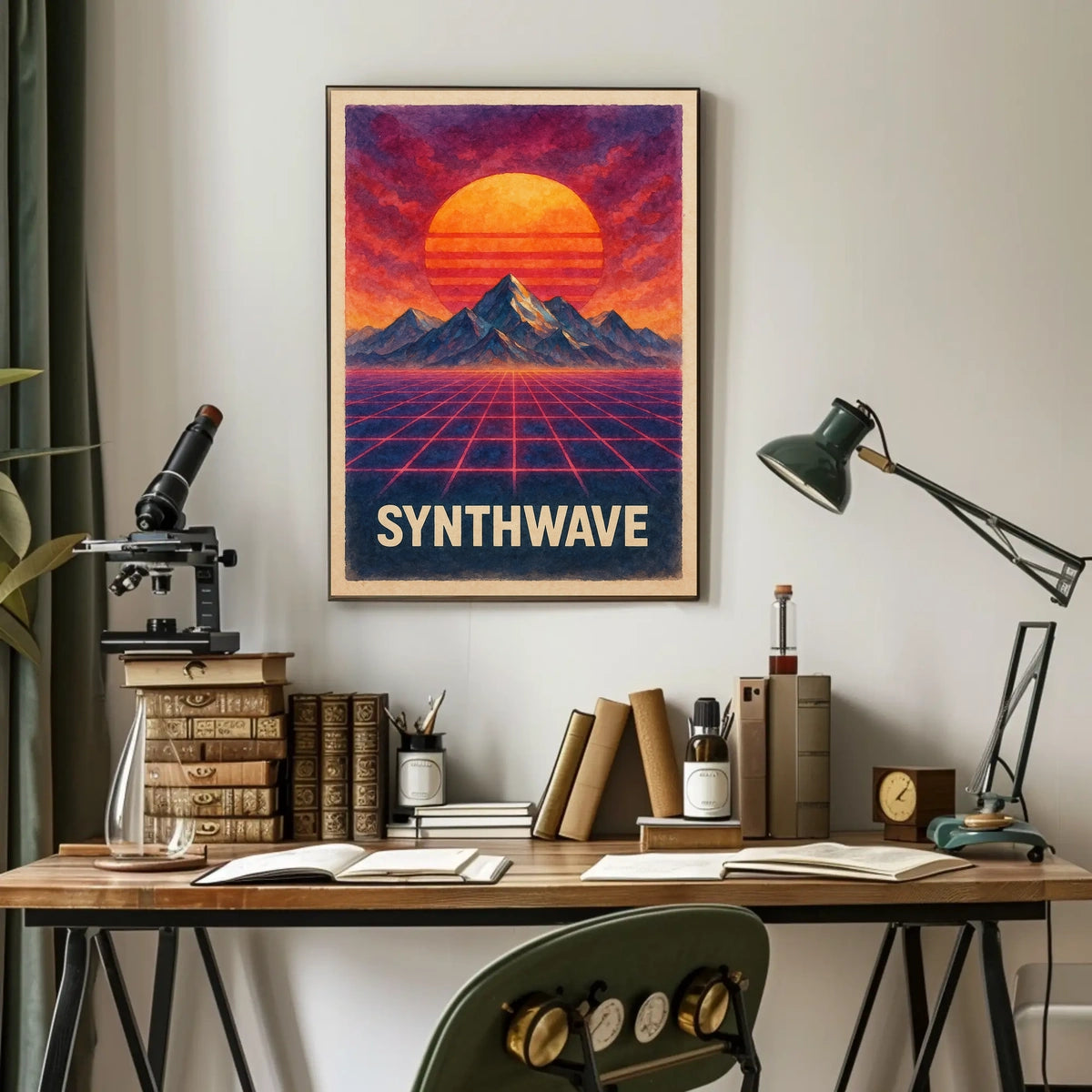 Neo-Retro Synthwave Sunset Landscape - Futuristic Sci-Fi Poster