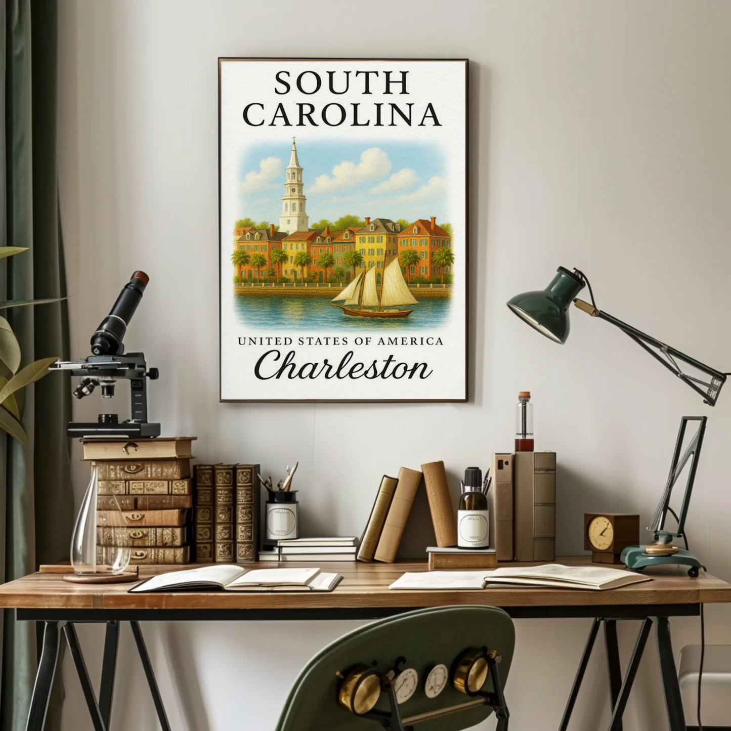 Charleston Waterfront With Sailboat Illustration Travel Poster