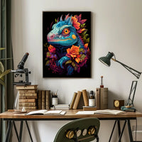 Vibrant Iguana With Roses Poster