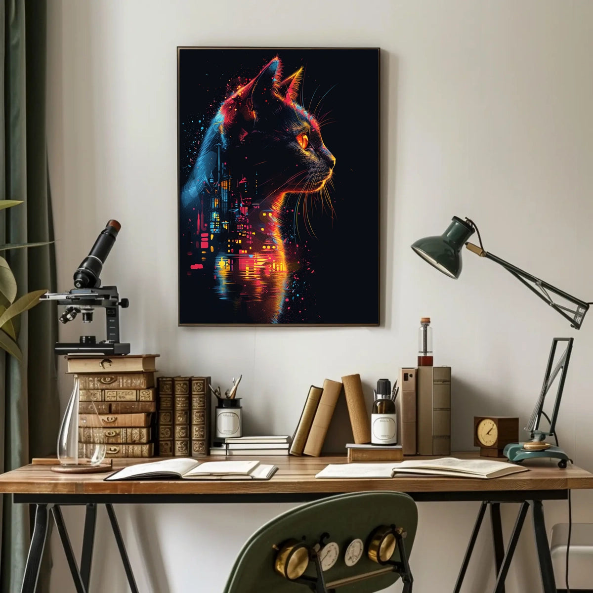 Neon Cat in Futuristic Cityscape Poster