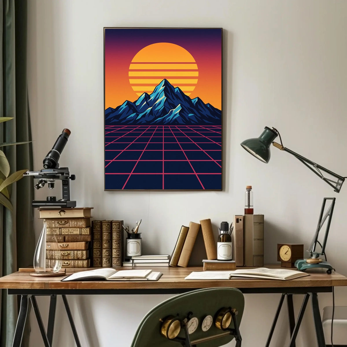 Retro-Futuristic Synthwave Sunset Art Print - Futuristic Sci-Fi Poster