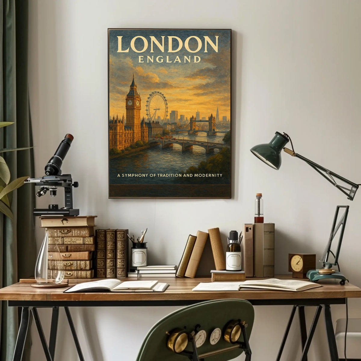 London Landmarks Vintage Poster: Big Ben, Eye, Bridge
