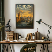 London Landmarks Vintage Poster: Big Ben, Eye, Bridge