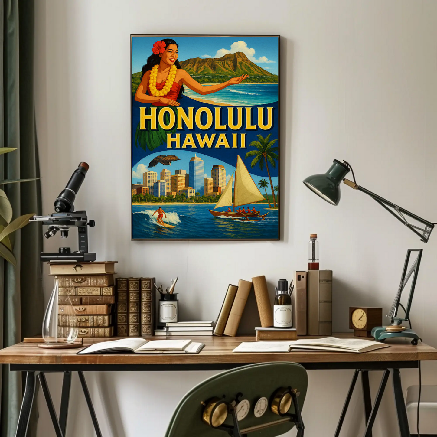 Honolulu Hawaii Surfer Skyline Hula Travel Poster