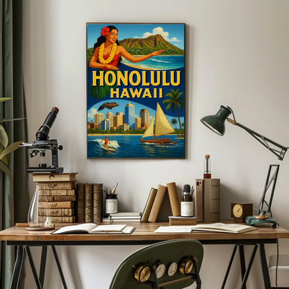 Honolulu Hawaii Surfer Skyline Hula Travel Poster
