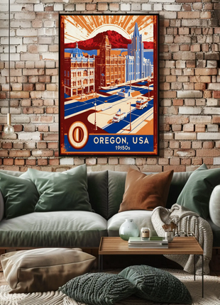 Oregon USA 1950s Coastal Cityscape Vintage Travel Poster