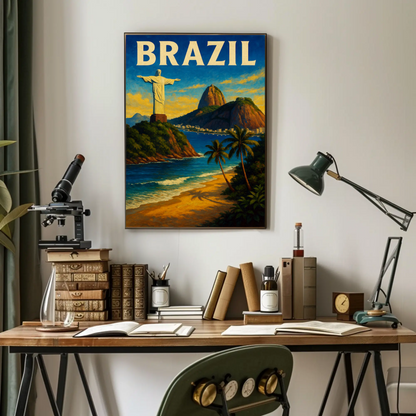 Brazil Rio De Janeiro Christ Statue Beach Travel Poster