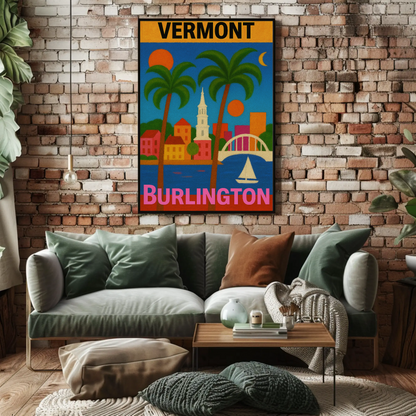 Vermont Burlington Palm Trees Church Sailboat Vintage Travel Poster