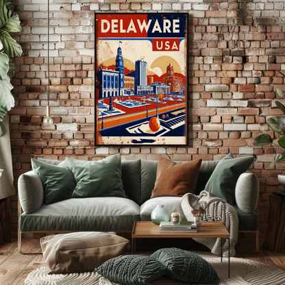 Delaware Waterfront Skyline Retro USA Vintage Maroon Travel Poster