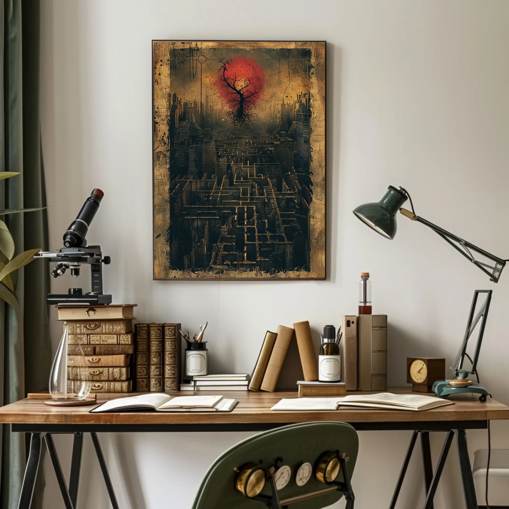 Surreal Dystopian Cityscape with Red Sun Artistic Poster PosterGoat
