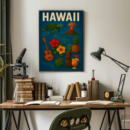 Hawaii Island Symbols Vintage Travel Poster