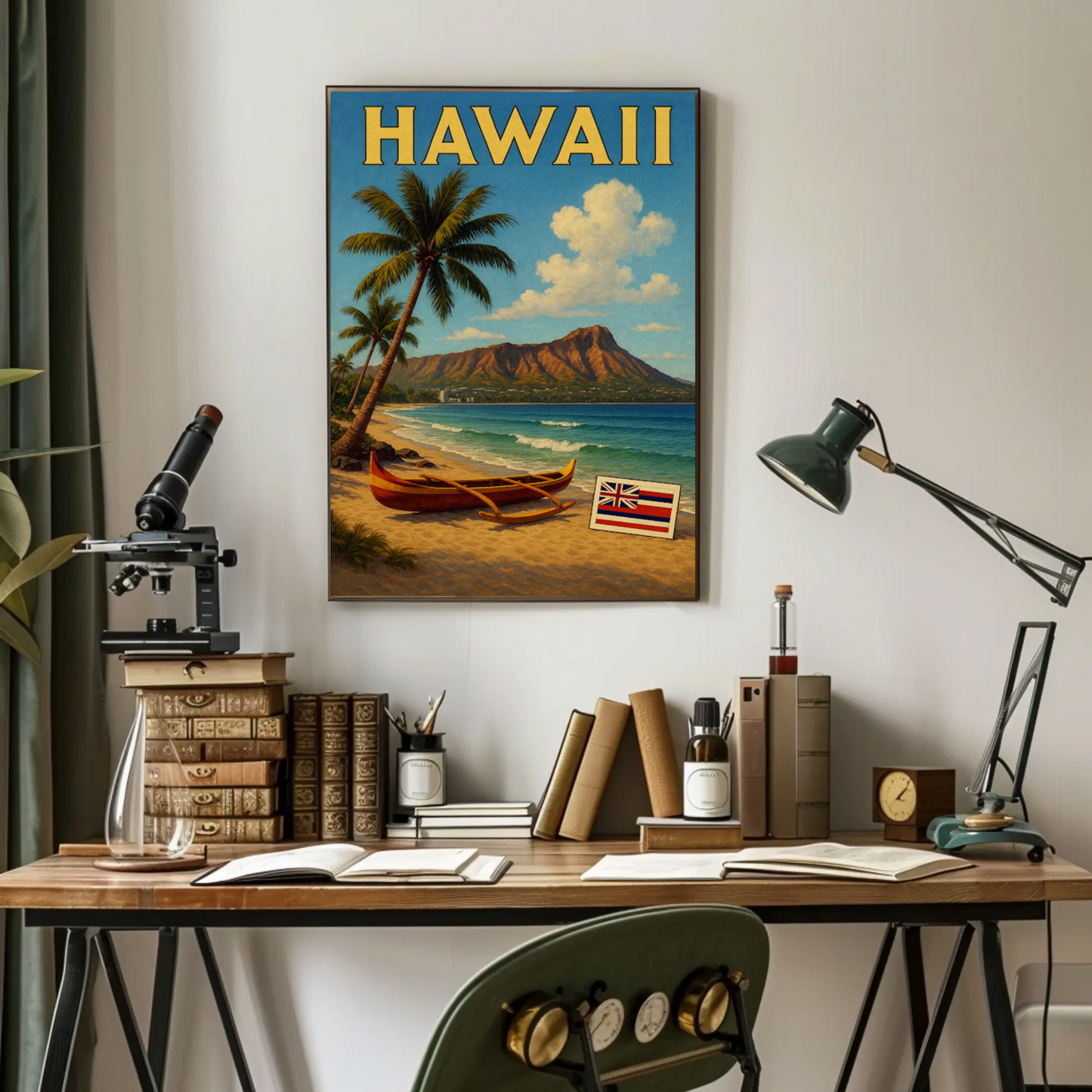 Hawaii Diamond Head Canoe Beach Flag Poster