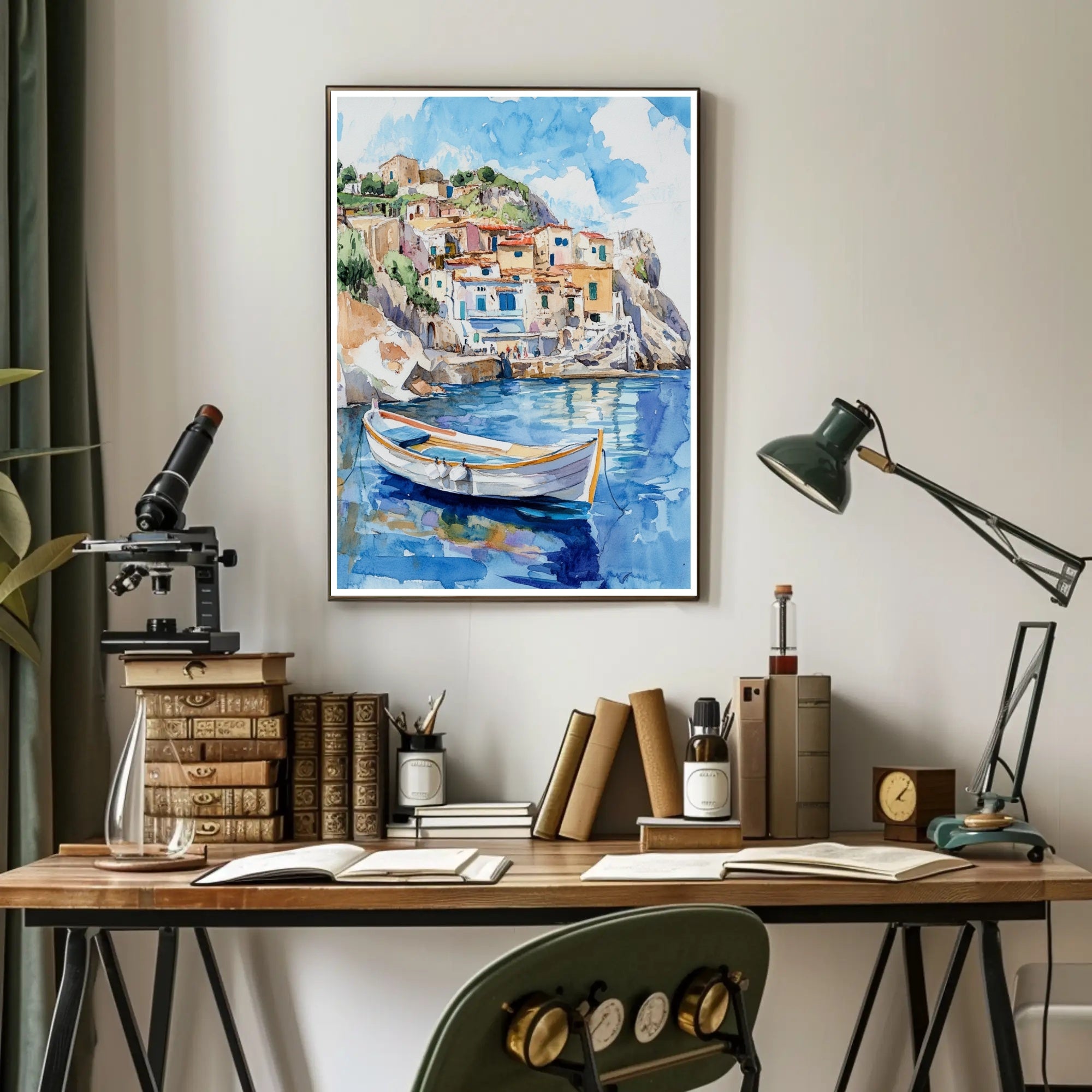 Serene Coastal Village Poster PosterGoat