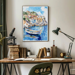 Serene Coastal Village Poster PosterGoat