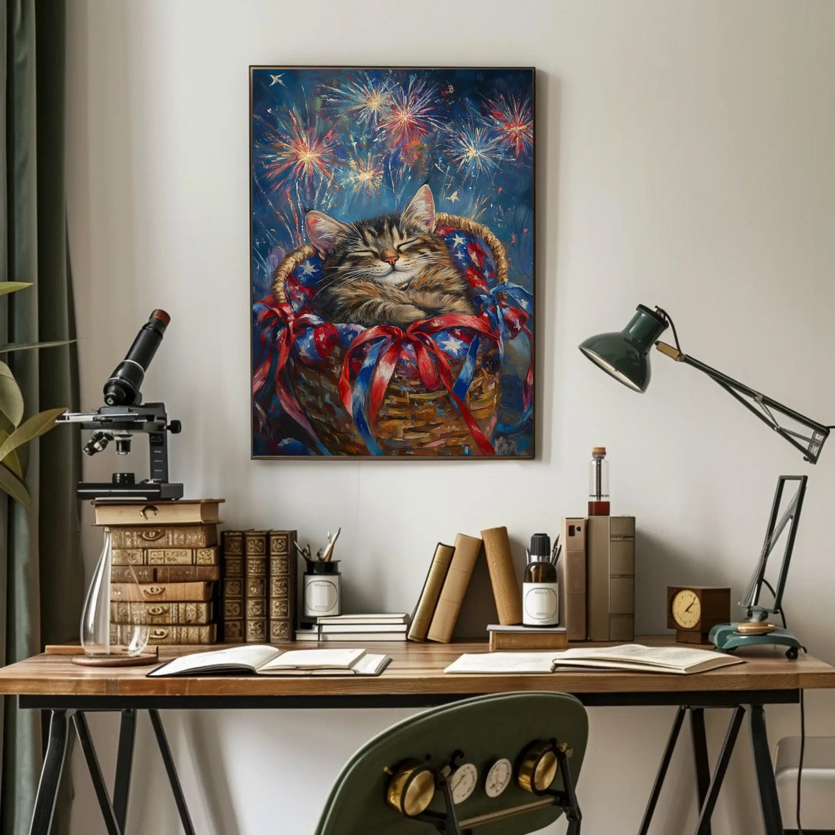 Brown Tabby Cat In Basket With Fireworks Flag Poster