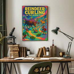 Reindeer Curling at the North Pole Poster