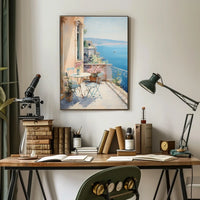 Mediterranean Balcony Scene: European Coastal Serenity Travel Poster