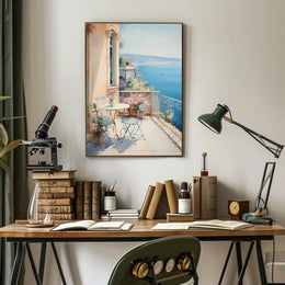 Mediterranean Balcony Scene: European Coastal Serenity Travel Poster