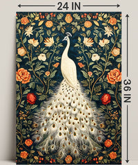 Exquisite White Peacock Among Floral Splendor - Artistic Poster