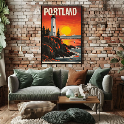 Portland Vintage Poster - Lighthouse at Sunset