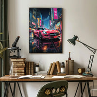 Futuristic Cityscape Sports Car Neon Lights Poster