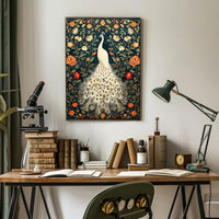Exquisite White Peacock Among Floral Splendor - Artistic Poster
