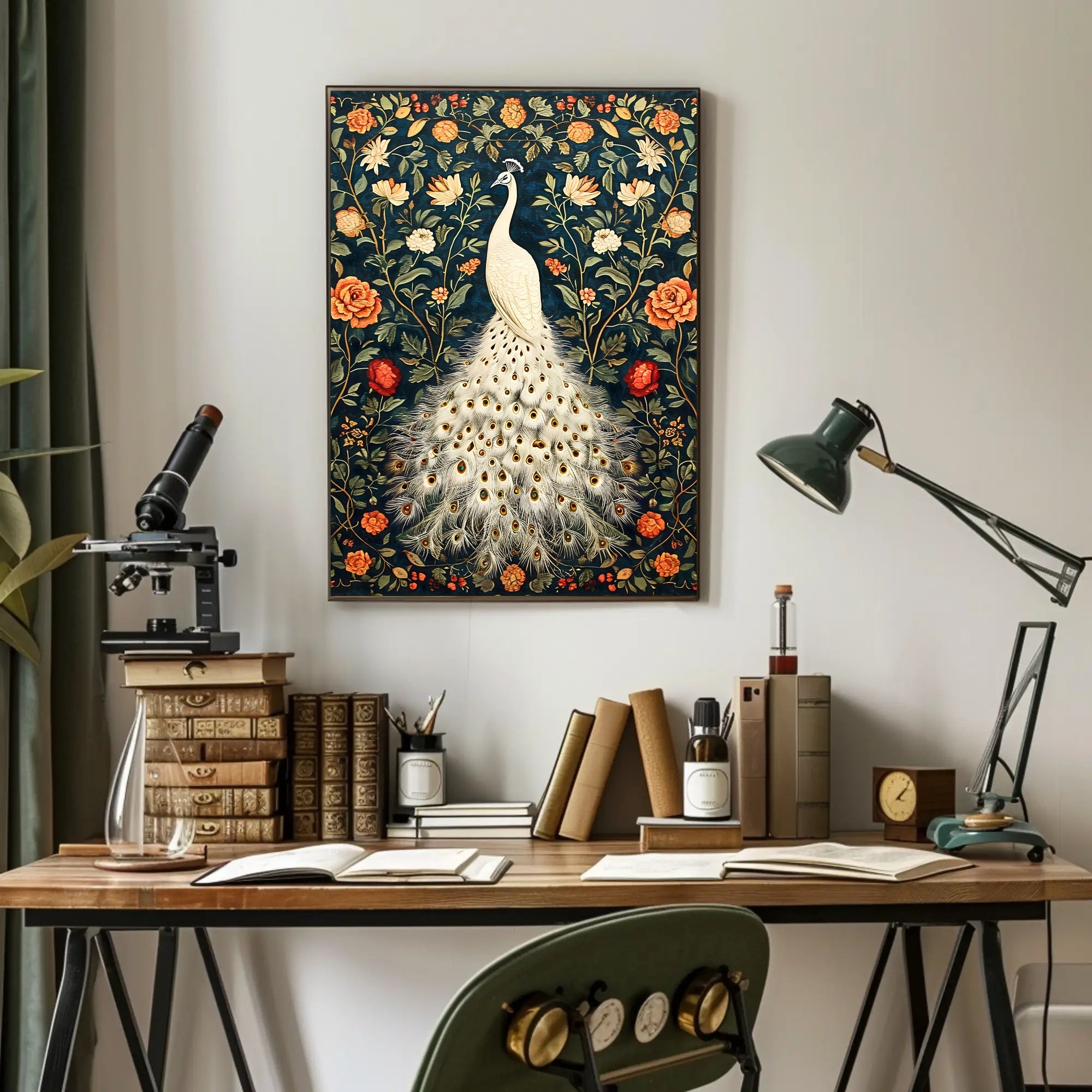 Exquisite White Peacock Among Floral Splendor - Artistic Poster