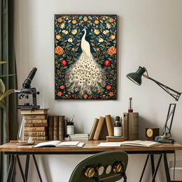 Exquisite White Peacock Among Floral Splendor - Artistic Poster