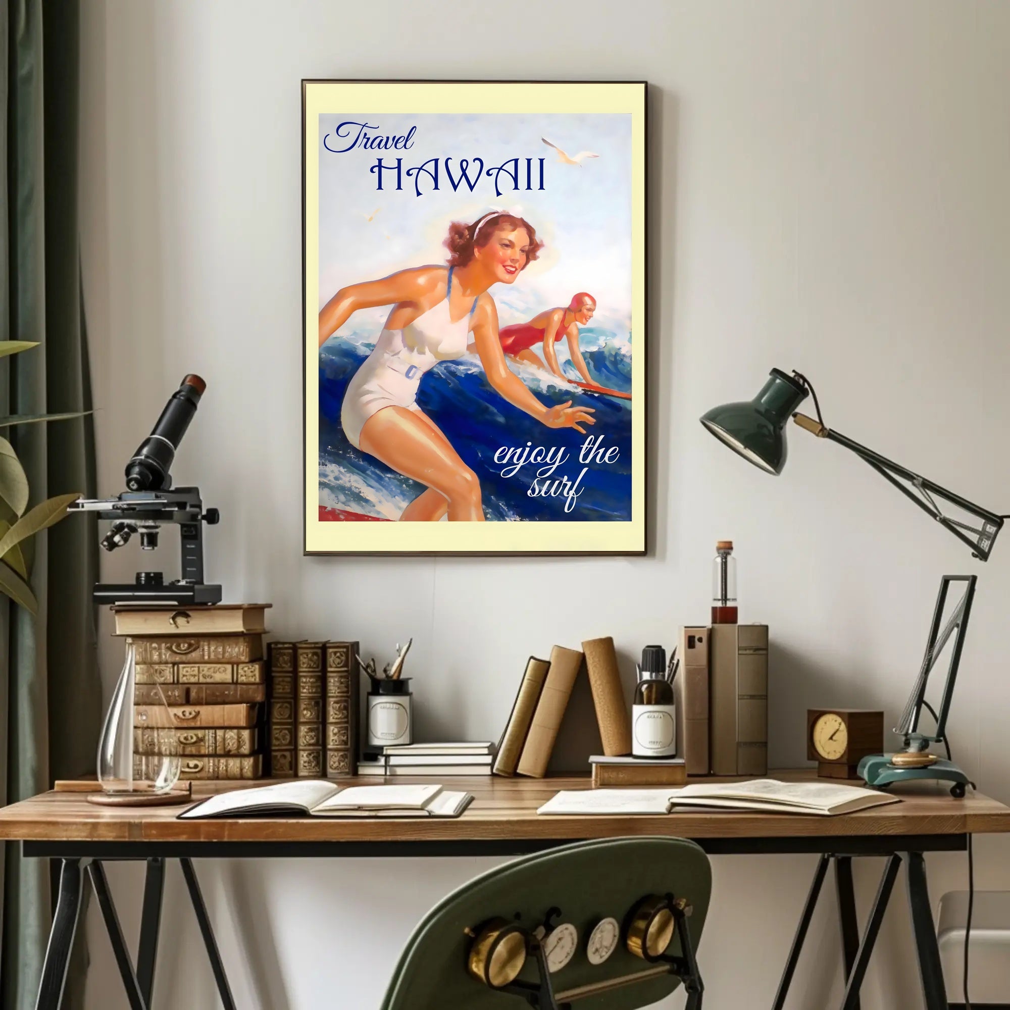 Hawaii Vintage Surfing Travel Artwork from the 1950s Travel Poster