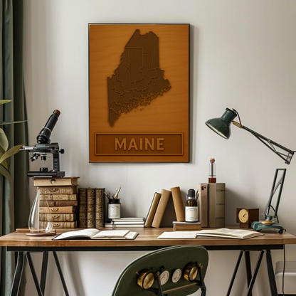 Maine Wooden Engraved State Outline Vintage Travel Poster