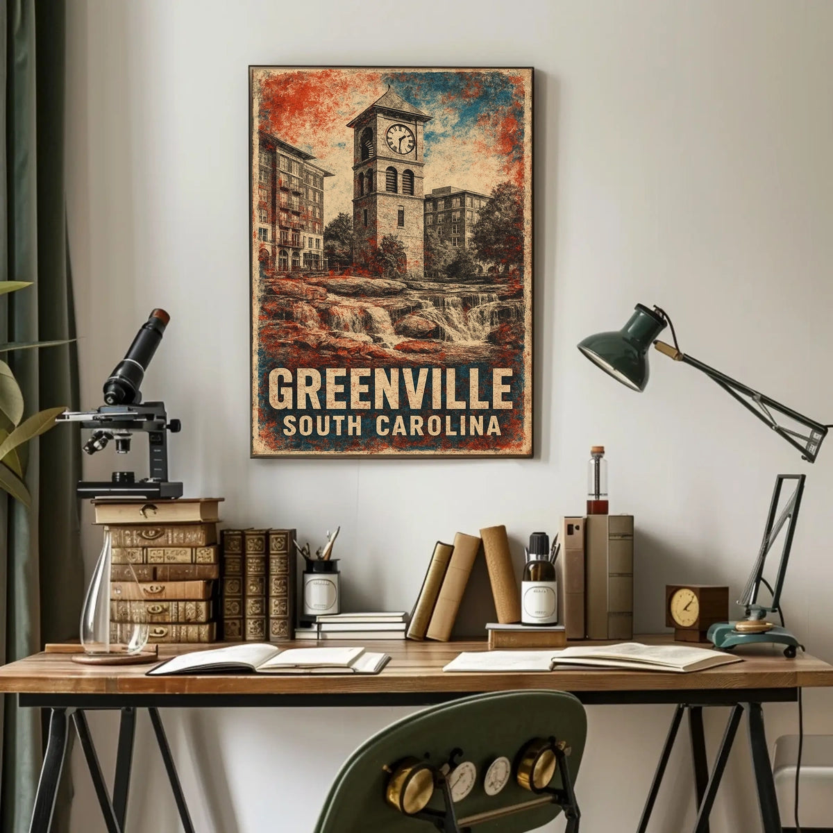 Greenville Clock Tower Vintage Heritage Cityscape Poster