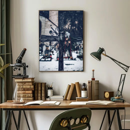 Winter Cemetery Scene with Wreath and Cross Poster