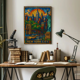 New York City Vibrant Stained Glass Poster Modern Wall Art