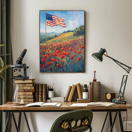peaceful field of poppies with one large American flag Poster
