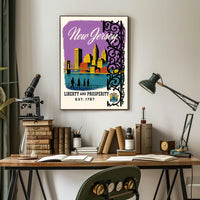 New Jersey Cityscape Bridge Purple Sky Vintage Poster