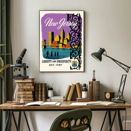 New Jersey Cityscape Bridge Purple Sky Vintage Poster