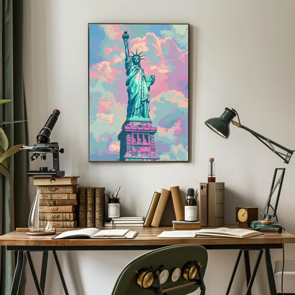 The poster features an artistic depiction of the Statue of Liberty, a symbol Travel Poster