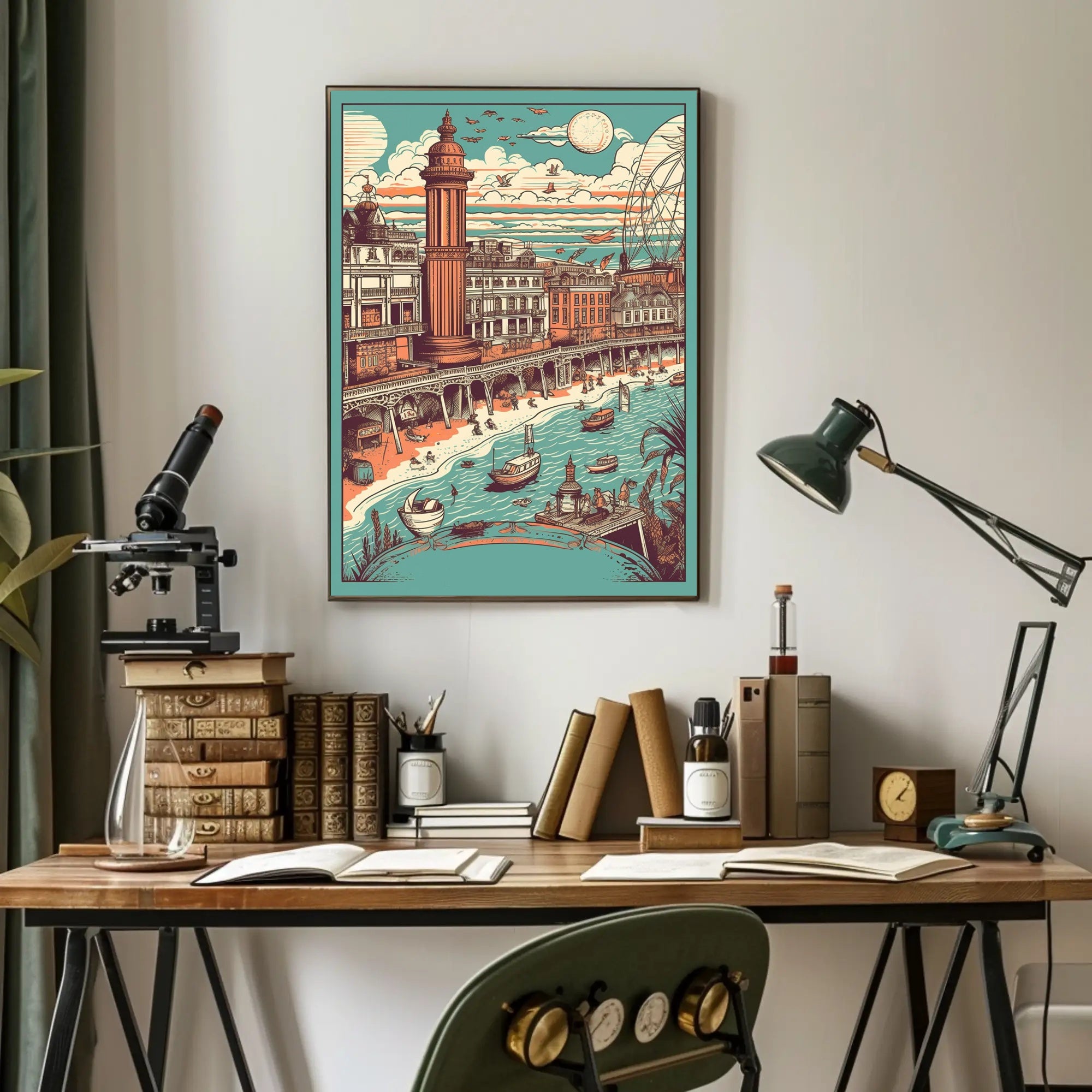 Vintage Coastal Town Illustration Poster
